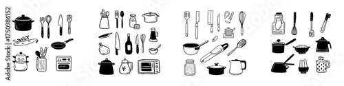 Hand-drawn icons of various kitchen utensils and cooking equipment