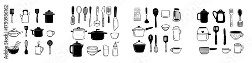 Hand drawn kitchen utensils pots pans and drinkware icons assortment