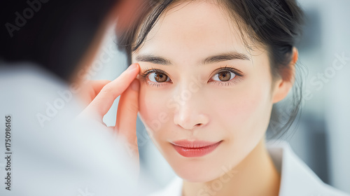 Woman examining eyelid symmetry closely in aesthetic beauty clinic setting