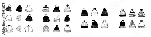 Hand drawn icons of winter hats and outerwear clothing items