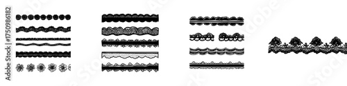 Hand drawn black lace borders and decorative trim elements for design accents