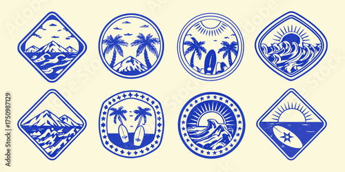 Collection of retro style blue and white beach and mountain landscape emblem badges