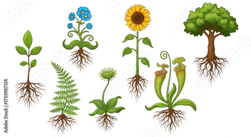 Foto Diverse Plant Collection with Visible Root Systems Including Sunflower Fern and Tree