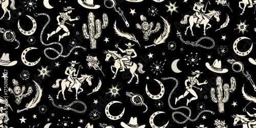 Whimsical western pattern with cowboys horses cacti and stars on black background