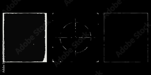Abstract black and white graphic design with rough edges and target symbol