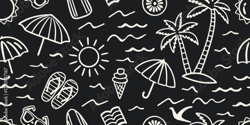 Fun hand drawn summer beach vacation icons pattern on black background