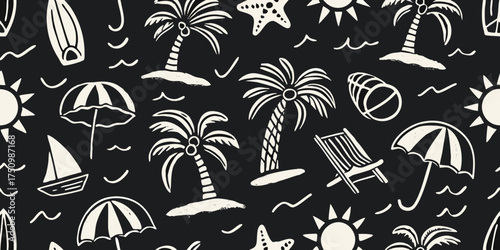 Whimsical hand drawn summer beach vacation pattern with palm trees sun umbrellas and surfboards