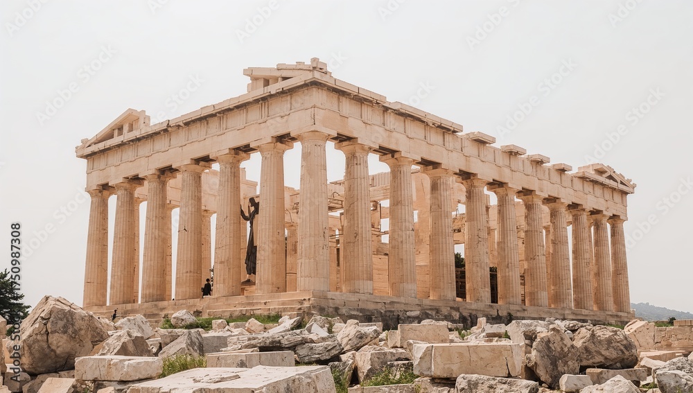 Obraz premium Ancient Greek temple, a classical architectural marvel with weathered columns and intricate details, standing as a timeless monument, embodying rich antique heritage and cultural history