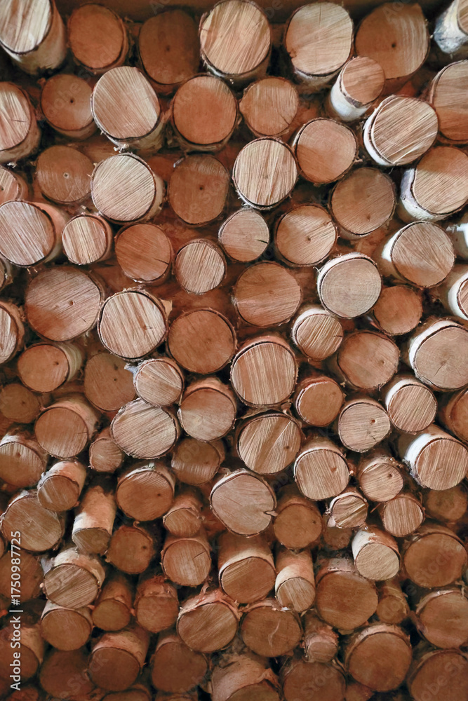 Fototapeta premium Vertical Background Of A Decorative Wall Made From The Ends Of Birch Logs Of Various Sizes. Rustic Interior Design And Natural Pattern.