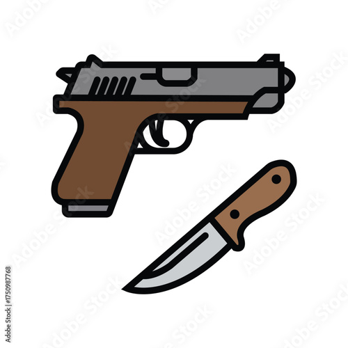 Detailed handgun with a knife featuring a wooden handle and outline is transparent