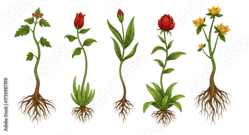 Foto Botanical Illustration of Various Flowering Plants with Roots.