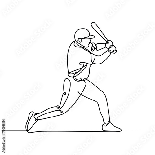 Continuous Simple black line art drawing of a Cricket Player in a minimalist style on a white background.