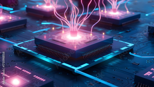 Digital engineering's blue fiber optic cables and circuit board hardware form a macro electronic technology background with light spots
