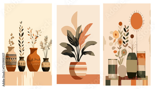 Boho abstract vase and plant art. Minimalist botanical illustration, modern wall decor, earthy tones, home decoration, and interior design concept.
