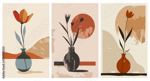 Minimalist abstract floral art with vases and leaves. Modern wall decor, botanical illustration, aesthetic design, and home decoration concept.
