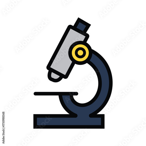 Simplified microscope presents a gray head, golden adjustment knob, and indigo base with transparent background