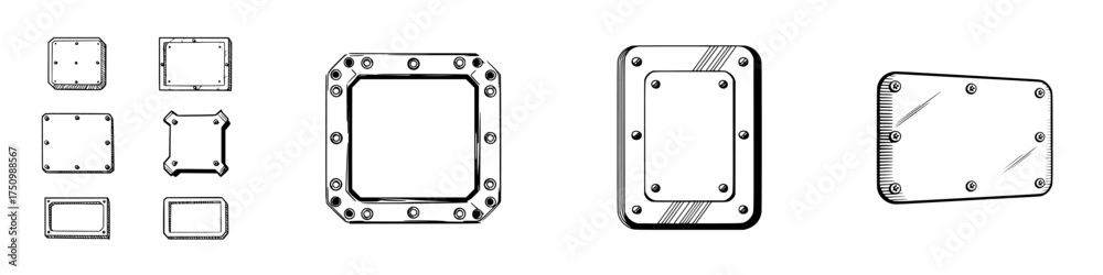 Hand drawn metal plates with rivets and bolts for industrial design
