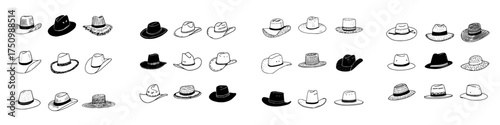 Hand drawn icons depicting various cowboy and western style hats