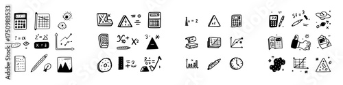 Hand drawn math and science doodle icons set with calculators and graphs
