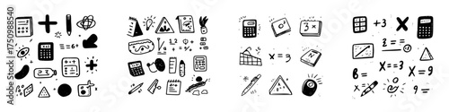 Collection of hand drawn math symbols and school supplies doodles