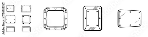 Hand drawn metal plates with rivets and bolts for industrial design