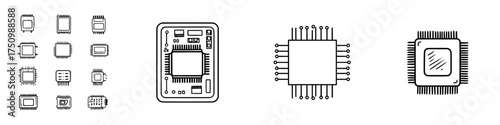 Hand drawn style icons of integrated circuits and microchips