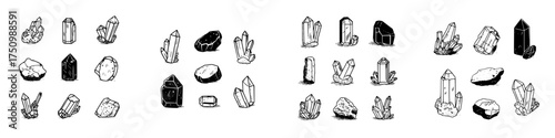 Hand drawn quartz crystal and mineral rock icons collection