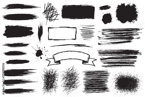 Assorted Grunge Ink Brush Strokes, Scribbles, and Paint Splatter Elements


