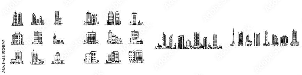 Fototapeta premium Hand drawn city skyline icons and building collection in sketch style