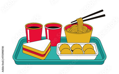 Vector illustration of a complete fast food lunch combo on a serving tray, with a bowl of noodles, a sandwich, dumplings, and two cups of soda