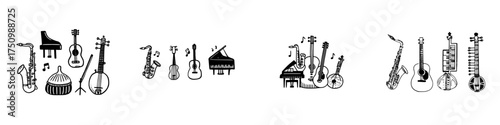 Diverse collection of musical instruments in simple doodle style