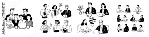 Collection of diverse business people in various meeting and discussion poses