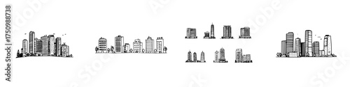 Hand drawn collection of various city skyline silhouettes and building outlines