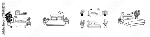 Minimalist icons of bedroom furniture and potted indoor plants