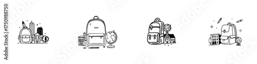 Hand drawn school and travel icons including backpack, globe, and educational building shapes