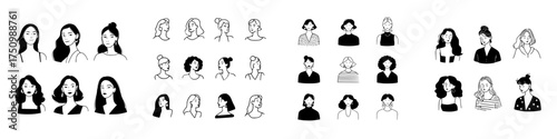 Diverse female avatars and portraits in simple black and white line art style