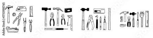 Various hand tools and measuring instruments in a simple doodle style