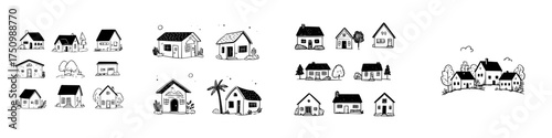 Simple hand drawn icons of various houses and residential buildings