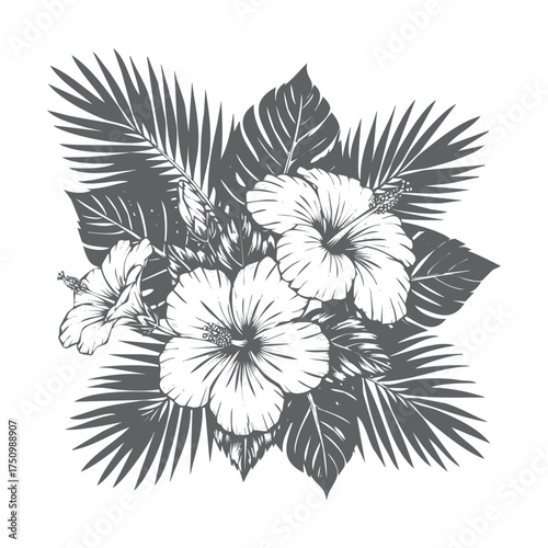 Detailed vector illustration of tropical hibiscus flowers and palm leaves isolated on white background