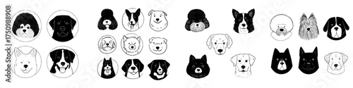 Collection of diverse dog breed heads in black and white graphic style