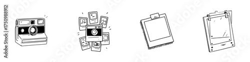 Hand drawn instant camera and various photo collection icons