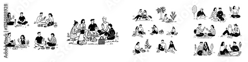 Diverse groups of friends enjoying outdoor picnic gatherings in nature scenes