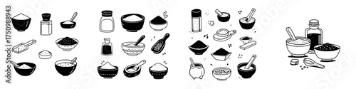 Assortment of kitchen spices and seasonings in various bowls and containers