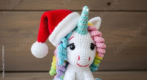 Cute Crocheted Unicorn with Santa Hat – Cozy Christmas Scene, Festive Handmade Holiday Decoration
