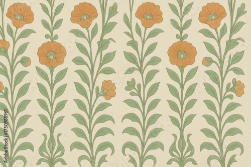 Vintage floral pattern featuring orange blossoms and green leaves arranged in vertical rows. This design evokes a sense of classic elegance and natural beauty