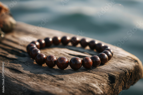 A dark brown wooden bead bracelet elegantly placed on a rustic wooden surface