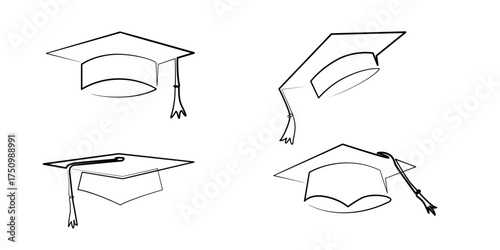 Graduation hat cap icons set, line art