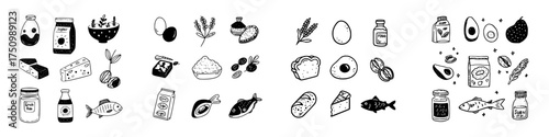 Set of hand drawn icons representing healthy food ingredients for diet planning