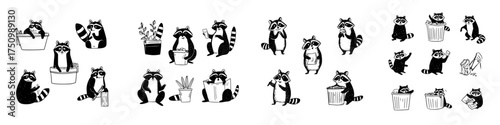 Various cute raccoon characters engaged in different daily activities