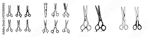 Set of professional hairdressing and grooming scissors icons for cutting and styling